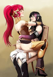 arm_gloves armlet armor ass ass_grab bangs bare_shoulders beige_background biting_lip black_hair blush boots brown_background circlet closed_eyes clothed_sex corset doink3000 elbow_gloves gloves gorget greaves hand_on_chest high_heel_boots high_heels high_ponytail lie_ren long_hair pleasure_face pleasured ponytail pyrrha_nikos red_hair rwby shirt_lift side_view sidelocks sitting_on_chair sitting_on_lap skirt skirt_lift small_breasts two_tone_hair white_legwear