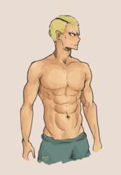 (duck_egg_blue_?_idk) 1boy abs black_streaks blonde_hair blueish_grey_sweatpants blush kyotani_kentaro partially_clothed