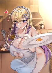 1girls apron big_breasts blonde_hair blush blush_lines boryeon_(last_origin) breast_cutout breasts cleavage colored_nails covered_nipples cutout excited eyebrows eyebrows_visible_through_hair eyelashes female female_only gyaru heart heart-shaped_pupils huge_breasts kitchen last_origin light-skinned_female light_skin maid_headdress mole mole_on_breast nail_polish nails naked_apron nipple_bulge open_mouth purple_eyes solo tongtangtong two_tone_hair