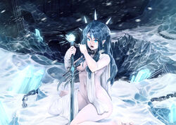 anthro barbariank blue_eyes breasts chains clothed clothing cold convenient_censorship crown ear_piercing ear_ring elf female hi_res humanoid ice melee_weapon outside piercing skimpy snow solo sword tiara weapon