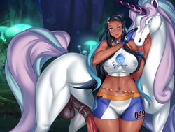 1animal 1boy 1girls alternate_breast_size animal_genitalia animal_penis balls big_breasts blue_eyes blue_hair blush breasts earrings equine equine_penis female feral galarian_rapidash hair_ornament high_resolution horse horse_penis horsecock imminent_sex large_breasts long_hair nessa_(pokemon) nintendo nipple_bulge pokemon pokemon_ss pokephilia shorts sports_bra testicles thick_thighs thighs two_tone_hair wide_hips yasuaki023 zoophilia