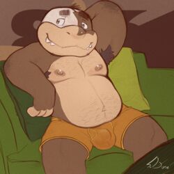 1:1 abstract_background anthro armpit_hair balls_outline belly belly_hair big_arms body_hair boxer_briefs brown_body bulge chest_hair clothed clothing dark_hair detailed_bulge furniture genital_outline hairy half_naked head_tuft hi_res koopa koopaling looking_away lounging male male_only mario_(series) moobs morton_koopa_jr. navel nintendo nipples orange_clothing orange_underwear overweight penis_outline pillow raised_arm relaxing reptile scales scalie scruffy shy signature sitting slightly_chubby smaller_version_at_source smile sofa solo solo_male spooky_dune spread_legs spreading tan_body tan_scales tan_skin teeth topless tuft turtle underwear underwear_only video_games