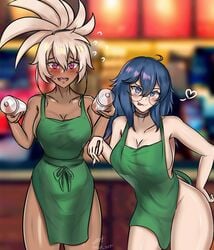 2girls apron big_breasts blue_hair dark_skin excited flustered iced_latte_with_breast_milk light_skin meme naked_apron nervous ponytail tongue_out white_hair zet_(twt_zet)