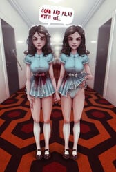 2girls axe blood brown_hair dress dress_lift english_text female_only grady_twins hotel krakenkatz mary_janes multiple_girls panties stephen_king tagme text the_shining twins