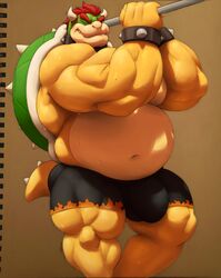 2021 absurd_res anthro ara_chibi barazoku belly biceps big_belly big_bulge big_moobs big_muscles big_pecs bodily_fluids bottomwear bowser bracelet brown_background bulge closed_eyes clothed clothing collaboration collar colored croconut digital_media_(artwork) exercise eyebrows hair hi_res horn hotpants huge_bulge huge_muscles jewelry koopa male male_only mario_(series) mixed_media musclegut muscular muscular_anthro muscular_male navel nintendo obliques pecs pull_up_bar pull_ups quads scalie shell shorts simple_background solo spiked_bracelet spiked_collar spiked_shell spiked_tail spikes spikes_(anatomy) sweat topless topless_male traditional_media_(artwork) video_games workout yellow_body