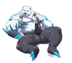 2021 absurd_res anthro balls barazoku black_body blush bodily_fluids erection genitals hi_res humanoid_genitalia humanoid_penis jumperbear kemono league_of_legends male mammal penis polar_bear riot_games simple_background solo solo_male sweat ursid ursine video_games volibear white_background white_body