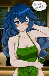 1girls apron bare_shoulders bare_thighs blue_eyes blue_hair breasts cleavage collarbone english_text fire_emblem fire_emblem_awakening hair_between_eyes holding holding_cup holding_object iced_latte_with_breast_milk indoors johncaden large_breasts long_hair looking_at_viewer lucina_(fire_emblem) meme naked_apron nintendo open_mouth sideboob text thighs wavy_hair