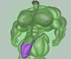 1boy abs bara beard_stubble beefy big_penis body_hair bulge dick_root facial_hair flaccid gab_art green_eyes green_skin hairy hairy_male hulk human hyper male male_nipples male_only male_thong marvel marvel_comics masculine mature_male muscles muscular muscular_male pecs penis pubes pubic_hair sideburns solo solo_male thong veiny_penis