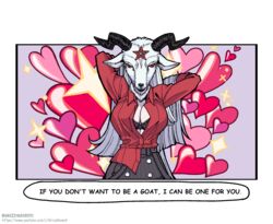 1girls animal_ears baphomet_(grizz) bra breasts buttons cleavage collar collared_shirt cowboy_shot english_text female furry goat heart helltaker hi_res highres horns huge_breasts large_breasts long_hair looking_at_viewer pentagram red_eyes tagme text watermark web_address white_hair