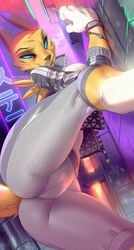 anthro artist_name ass blue_eyes bracelet breasts cameltoe claws digimon eyebrows face_markings grey_jacket grey_pants grey_sclera hair hi_res jacket japanese_text looking_at_viewer looking_down looking_down_at_viewer markings pants pussy_visible_through_clothes renamon sky skygracer standing_on_one_leg stretching tail teeth teeth_showing tight_clothing yellow_skin ying_yang_symbol zipper