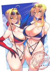 2021 2girls :o ahoge artoria_pendragon artoria_pendragon_(lancer) belly_button bikini blonde_hair blue_bikini blue_bow blue_sky bow bow_in_hair breasts choker cleavage fate/extra fate/grand_order fate_(series) female female_focus female_only funaya_(a2brasd) green_eyes hi_res hips huge_breasts long_gloves looking_at_viewer massive_breasts medium_hair naughty_face nero_claudius_(fate) outdoors red_bikini red_bow slim_waist smile stamp suggestive_look sunglasses sunglasses_on_head sunlight swimsuit thick_thighs thighs tied_hair tongue tongue_out underboob white_border wide_hips wink winking winking_at_viewer