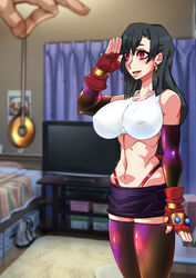 1girls belly_button belu big_breasts black_hair brainwashed earrings female female_focus femsub final_fantasy final_fantasy_vii fingerless_gloves helpless hypnosis hypnotized long_hair mind_control nipple_bulge salute smiling tifa_lockhart