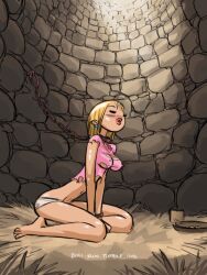 au_(artist) blonde_hair boli-blog bondage breasts chains dungeon kidnapped nipples_visible_through_clothing pink_panties ripped_clothing slave wariza