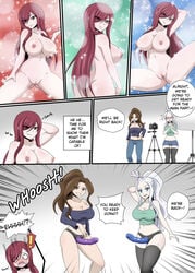 blue_eyes breasts brown_eyes brown_hair cana_alberona comic erza_scarlet fairy_tail ggc mirajane_strauss naked oppai red_hair shaved_pussy strap-on white_hair yuri