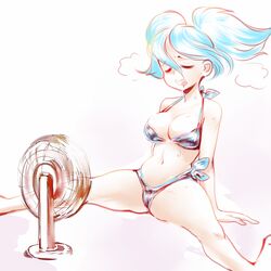 1girls blue_hair breasts cooling_off electric_fan evie_(paladins) fan female female_only light-skinned_female light_skin paladins solo solo_female steam sweat sweaty tagme video_games zanthu