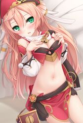 adeptus big_breasts blush breasts genshin_impact green_eyes hand_on_breast horns laying_down midriff navel pink_hair thighs tight_clothing yanfei_(genshin_impact) yoye