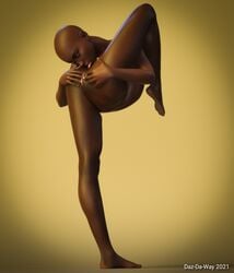 1girls 3d athletic_female autoanilingus bald bald_female contortion dark_skin daz-da-way flexible gymnastics looking_at_viewer simple_background solo standing_on_one_leg yoga