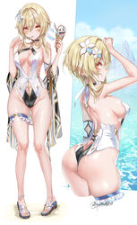 1girls ass ass_cleavage blonde_hair blush breasts butt_crack genshin_impact lumine_(genshin_impact) nipple_bulge pottsness swimsuit thick_ass thick_thighs thighs wet yellow_eyes