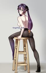 1girls big_ass black_tights bow chair earrings feet female forgotten_dildo genshin_impact green_eyes mona_(genshin_impact) purple_hair solo standing standing_on_one_leg standing_position thick_thighs thighs tight_clothes tights twintails