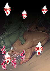 1girls 2boys abs animal_ears big_breasts breasts brown_skin censored dark-skinned_female dogeza erect_nipples eye_patch female furry_ears ghislaine_dedoldia goblin goblin_male green_skin grey_hair highres huge_breasts large_breasts male midriff multiple_boys muscles muscular muscular_female mushoku_tensei navel obui size_difference small_dom_big_sub smaller_male speech_bubble text