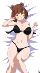 animal_ears bare_thighs bear_ears big_breasts black_bra black_panties brown_hair curvy dakimakura hair_clips laying_back laying_down laying_on_bed mizutuber short_hair tagme thick_thighs unhooked_bra white_background yellow_eyes