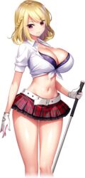 belly belt big_breasts blonde_hair breasts derauea game_cg gloves golf_club hi_res large_breasts looking_at_viewer milk_factory miniskirt motto!_haramase!_honoo_no_oppai_chou_ero_appli_gakuen! navel reiko_barato shiny_skin smile