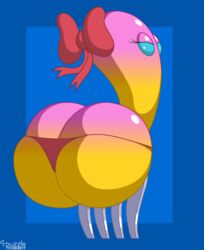 2017 9-puzzle animate_inanimate ass ass_built_separately ass_cleavage big_ass blue_background blue_eyes bow butt_crack edit eyelashes female fork huge_ass hyper_butt mario_(series) nintendo obese_female panties purple_skin super_mario_odyssey video_games volbonan yellow_body