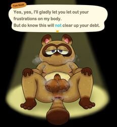 2021 animal_crossing anthro anus ass big_testicles bodily_fluids brown_body brown_fur canid canine english_text fur furry genitals havenstinkman highres humanoid_genitalia humanoid_hands humanoid_penis male male_only mammal moobs musk nintendo nipples nude penis raccoon_dog slightly_chubby solo sweat tanuki testicles text tom_nook