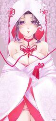 bare_legs bondage bride cleavage demon_slayer female female_only japanese_clothes kimetsu_no_yaiba kimono kimono_down kochou_shinobu looking_at_viewer purple_eyes purple_hair rope shiromuku solo wataboushi wedding_dress wisteria_(flower) yome_prpr2