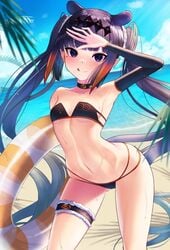 1girls :d ambercrown armwear ass_visible_through_thighs beach belly_button bikini black_bikini blush blushing_at_viewer choker collarbone diadem female female_focus female_only floatie hair_ornament hand_on_head headgear highres hololive hololive_english hololive_myth legwear light-skinned_female light_skin long_hair looking_at_viewer mole mole_under_eye multicolored_hair ninomae_ina'nis orange_hair pale-skinned_female pale_skin pointy_ears purple_hair tiara very_high_resolution very_long_hair virtual_youtuber wet wet_skin