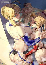 1boy 2021 3girls ahoge alternate_version_available areolae artist_signature artoria_pendragon artoria_pendragon_(lancer) ass ass_grab asymmetrical_docking back_view barely_clothed barely_contained barghest_(gawain)_(fate) bathroom bikini blonde_hair blue_bikini blush breast_size_difference breast_squish breasts censored censored_penis choker club3 fate/grand_order fate_(series) female female_focus fujimaru_ritsuka_(male) green_eyes handjob height_difference huge_ass huge_breasts indoors kissing large_areolae looking_at_viewer looking_back male mordred_(fate) mosaic_censoring mother_and_daughter nanaya_(daaijianglin) naughty_face nude nude_female penis ponytail red_bikini sideboob sitting small_breasts standing steam steaming_body suggestive_look wet wet_body