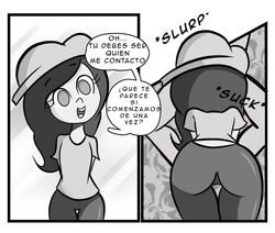 1girls ass beret black_and_white clothed comic curly_hair fellatio female_focus happy implied_fellatio implied_oral leggings luna_hombre nude_male nude_male_clothed_female okusheny oral papersketch small_breasts spanish_text youtube_hispanic