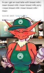 2021 anthro apron apron_only areola areola_slip big_breasts blaziken blush breasts closed_eyes clothing cross-popping_vein cup digital_media_(artwork) english_text eyebrows female green_apron hanako_(lyorenth-the-dragon) hat headgear headwear hi_res holding_cup holding_object holding_pen iced_latte_with_breast_milk lyorenth-the-dragon meme mostly_nude neck_tuft nintendo nipple_piercing nipples onomatopoeia pen piercing pokemon pokemon_(species) public public_exposure red_body ruff shaded side_boob solo sound_effects text tuft video_games