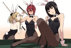 3girls aizawa_tomo animal_ears billiards black_hair blonde_hair blush bow bowtie breasts carol_olston cue_stick fake_animal_ears fang_out fumitan_(humitan) gundou_misuzu highres large_breasts leotard light-skinned_female light_skin long_hair misuzu_gundou multiple_girls oerba_yun_fang official_art pantyhose playboy_bunny ponytail pool_table rabbit_ears rabbit_tail red_hair short_hair small_breasts table tail tomo-chan_wa_onna_no_ko