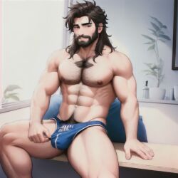 ai_generated bathroom beard blue_underwear brown_eyes brown_hair hairy_chest hairy_male happy_trail long_hair looking_away minimal_color muscle muscles muscular muscular_arms muscular_male pubic_hair speedo thick_thighs