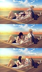 1girls 2boys beach bikini breast_grab english_text female final_fantasy final_fantasy_vii final_fantasy_vii_remake hand_on_chest kissing lipstick male on_top polyamory red_bikini red_lipstick rufus_shinra seaside sephiroth sky sleeping sleeping_on_person summer sunset text threesome thruple tifa_lockhart voaleine wine_bottle wine_glass