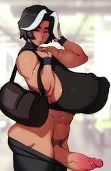 1futa areolae bare_shoulders big_breasts big_penis black_hair blurry_background breasts clothed clothing doxy erection futa_only futanari huge_breasts human leggings light-skinned_futanari light_skin mature mature_futa milf mostly_clothed nipple_bulge nipples nipples_visible_through_clothing pale_skin pants_down penis penis_out pubic_hair side_view solo standing sweat