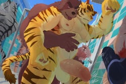 anthro balls being_watched clothed clothing erection erection_under_clothing felid genitals humanoid_genitalia humanoid_penis juuichi_mikazuki kunn_(artist) looking_at_another male male/male mammal morenatsu pantherine penis shower tiger torahiko_(morenatsu) ursid video_games visual_novel