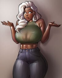 1girls 2021 abs african african_female big_breasts breasts breasts_bigger_than_head cleavage curvaceous curvy curvy_figure dark-skinned_female dark_skin female female_only high_waisted_pants hoop_earrings huge_breasts large_breasts marvel marvel_comics ororo_munroe ph rings shrug solo storm_(x-men) thick_thighs thunder_thighs voluptuous white_eyes white_hair white_nails wide_hips x-men