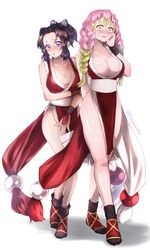 2girls alternate_costume big_breasts blush braided_hair butterfly_hair_ornament cleavage cosplay dark_hair demon_slayer female female_only footwear full_body green_eyes hakogardenmiko japanese_clothes kanroji_mitsuri kimetsu_no_yaiba kochou_shinobu kunoichi looking_at_viewer mai_shiranui_(cosplay) pink_hair ponytail purple_eyes revealing_clothes standing sweatdrop tabi two_tone_hair