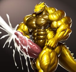 5_fingers abs anthro balls big_muscles big_penis biped bodily_fluids claws countershade_face countershade_neck countershade_torso countershading cum cum_cannon cum_hose cum_on_penis cumshot dark_body dark_countershading dark_skin digital_media_(artwork) digital_painting_(artwork) dinosaur ejaculation erection excessive_cum fangs finger_claws fingers genital_fluids genitals glistening glistening_arms glistening_balls glistening_genitalia glistening_legs glistening_nipples glistening_penis glistening_tail gradient_background huge_cock huge_muscles humanoid_genitalia humanoid_penis hyper hyper_muscles kiltio_(kuroma) kuroma looking_at_genitalia looking_at_penis male multicolored_body muscular muscular_anthro muscular_male nipples nude penis portrait reptile reverse_countershading scalie shaded sharp_teeth simple_background soft_shading solo standing teeth three-quarter_portrait three-quarter_view two_tone_body vein veiny_muscles veiny_penis white_claws yellow_body yellow_countershading yellow_skin