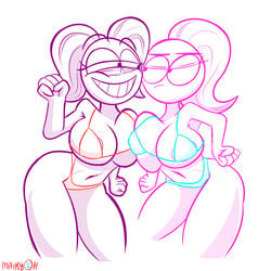 2girls anthro asymmetrical_docking big_breasts bikini breasts breasts_to_breasts clenched_hand cyan_clothing dick_figures eye_contact hands_on_hips hi_res large_breasts maikyoh multiple_girls orange_underwear pink_(dick_figures) pink_body pink_eyes pink_hair purple_body purple_eyes purple_hair shading skimpy skimpy_clothes smug smug_grin squint stacy_(dick_figures) stick_figure stickman thick_thighs unamused upset