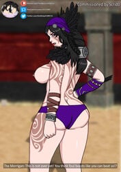 1girls angry ass black_hair blue_eyes braid breasts celtic_mythology commission defeated dialogue english_text feathers goddess headger large_ass large_breasts long_hair minotaur nipples panties smite standing tattoo the_morrigan_(smite) theobscureone