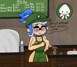 apron apron_only big_breasts blush choker coffee earrings freckles heart_eyes iced_latte_with_breast_milk inkling inkling_girl lactating lactation_through_clothes meme milking ponytail splatoon squidbot squirting_milk thick_thighs