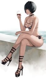 1girls atlus beach blue_hair breasts choker female fingernails high_heels j@ck mature mature_female megami_tensei nail_polish necklace open_toe_shoes painted_toenails persona persona_5 red_nail_polish red_nails red_toenail_polish red_toenails sitting swimsuit tae_takemi toenail_polish toenails white_background wine