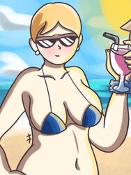 5_fingers beach big_breasts blonde_hair blue_bra bracelet d.c._al_fine earrings idmns juice scp_foundation seaside short_hair smug smug_face smug_smile sunglasses thick tropical_drink ungoc vacation