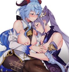 2girls bare_shoulders bell blue_hair blush breasts brown_legwear cowbell detached_sleeves earrings eyebrows_visible_through_hair ganyu_(genshin_impact) genshin_impact goat_horns gradient gradient_background grey_background hair_between_eyes hair_cones horns jewelry keqing_(genshin_impact) large_breasts long_hair looking_at_another multiple_girls negom nipple_tweak nipples pantyhose pink_eyes purple_eyes purple_hair sitting sweat twintails twitter_username white_background yuri