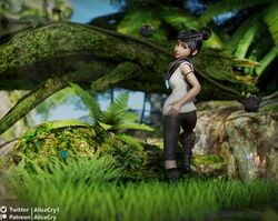 1girls alicecry black_hair blue_eyes clothed dark_skin female human kena:_bridge_of_spirits kena_(character) looking_at_viewer looking_back nature neckwear rot_(kena)