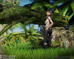 1girls alicecry black_hair blue_eyes breasts casual clothed dark_skin female footwear human kena:_bridge_of_spirits kena_(character) looking_at_viewer looking_back nature neckwear partially_clothed rot_(kena)