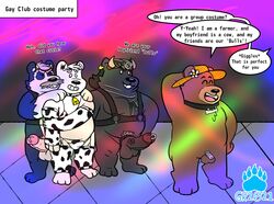 2021 anthro balls belly black_body black_nose brown_body bulge bunnybara chastity chastity_cage chastity_device closed_eyes clothing cuckold english_text erection facial_hair genitals group harness hat headgear headwear hi_res male male/male mammal moobs moustache penis polar_bear slightly_chubby spectacled_bear text tremarctine underwear ursid ursine white_body